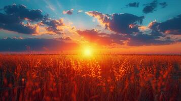 AI generated Sun Setting Over Tall Grass Field photo