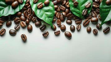 AI generated Coffee Beans and Green Leaves on a White Surface photo