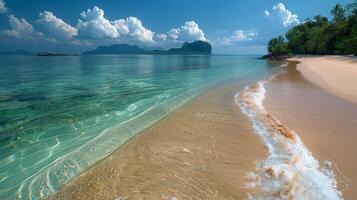 AI generated Sandy Beach With Clear Blue Water and Green Trees photo