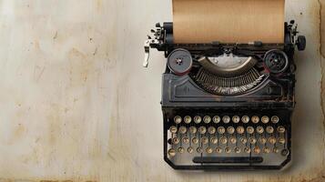 AI generated Vintage Blue Typewriter on Wooden Table photo