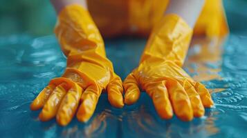 ai generado mujer vistiendo amarillo guantes en mesa foto