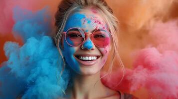 AI generated Woman With Sunglasses and Bun in Pink and Blue Smoke Bomb photo