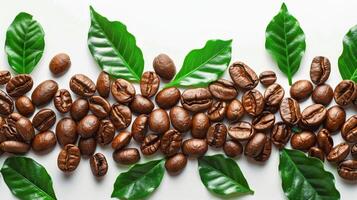 AI generated Coffee Beans and Green Leaves on a White Surface photo