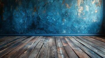 AI generated Empty Room With Blue Wall and Wooden Floor photo