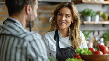 AI generated Chef in Uniform Talking to Woman in Kitchen photo