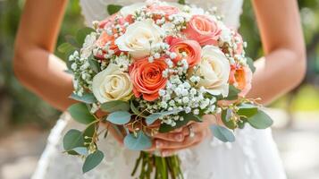 ai generado novia participación ramo de flores de flores foto