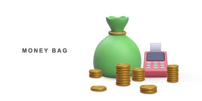 3D realistic Money saving concept. money bag, coin stacks and pos terminal on white background. Vector illustration.