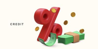 3d  percentage sign, paper and metal money. Vector illustration.