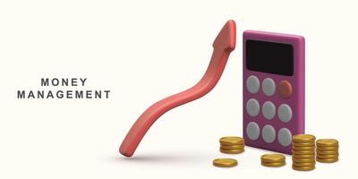 3d Realistic concept money management, calculator with coins stack and graph. Vector illustration.