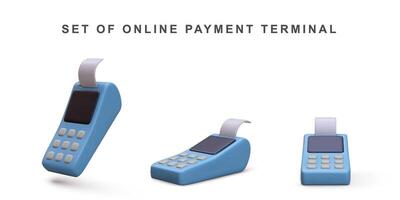 3d realista pos terminales pago métodos, en línea compras pago por crédito tarjeta. vector ilustración.
