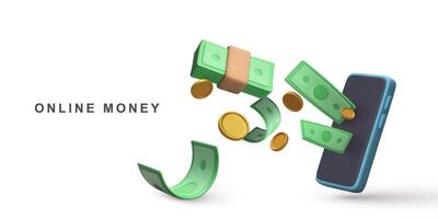 3D Realistic mobile phone with falling green dollar stack and gold coins. Vector illustration.