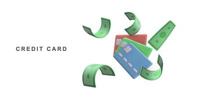 3D realistic credit cards with money for contactless payments, online payment concept. Vector illustration.