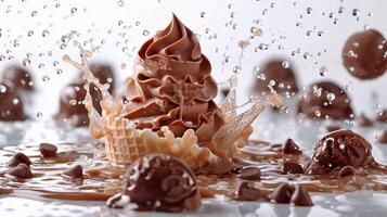 ai generado vainilla hielo crema cono con chocolate asperja foto