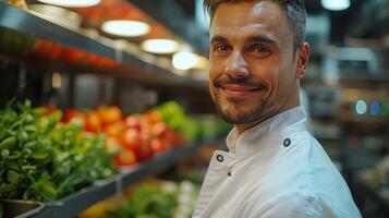 AI generated Man Standing in Front of Shelf of Vegetables photo