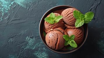 AI generated Three Scoops of Chocolate Ice Cream in a Bowl photo