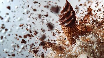 ai generado vainilla hielo crema cono con chocolate asperja foto