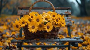 AI generated Sunflower Basket on Bench photo