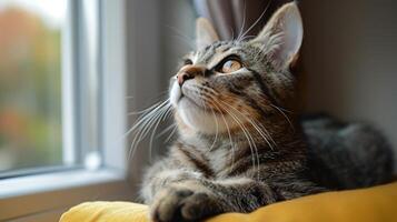 AI generated Cat Sitting on Yellow Pillow by Window photo