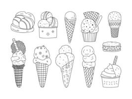 Hand drawn different ice cream set. Monochrome contour food illustration vector