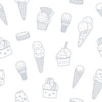 Seamless pattern with ice cream in doodle style. Contour food design vector