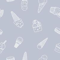 Seamless pattern with ice cream in doodle style on light blue background. Contour food design vector