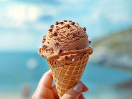 AI generated Human hand holds chocolate ice cream cone with blue sky background , AI generated photo