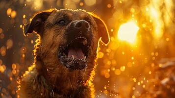 ai generado el perro se convirtió enojado y saliva llegó fuera de sus boca en pie en el parque fondo, ai generado foto