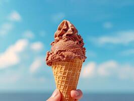 AI generated Human hand holds chocolate ice cream cone with blue sky background , AI generated photo