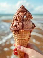 AI generated Human hand holds chocolate ice cream cone with blue sky background , AI generated photo