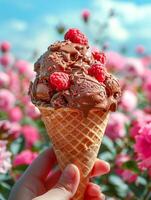 AI generated Human hand holds chocolate ice cream cone with blue sky background , AI generated photo