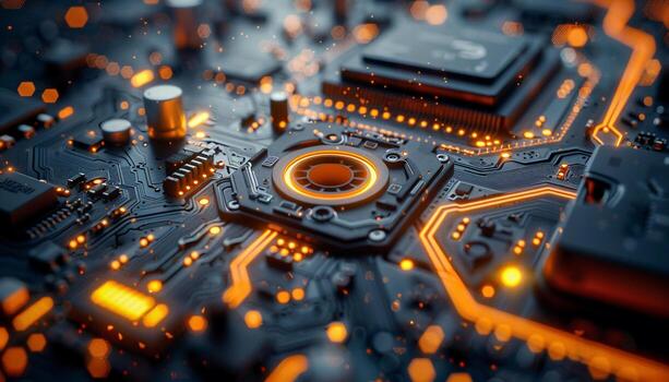 AI generated Blue metal tech surface background, with yellow elements ,AI generated photo