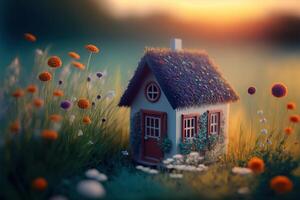 AI generated Tiny cute miniature house in a garden full of flowers. Close up with depth of field photo