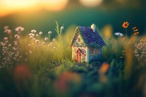 AI generated Tiny cute miniature house in a garden full of flowers. Close up with depth of field photo