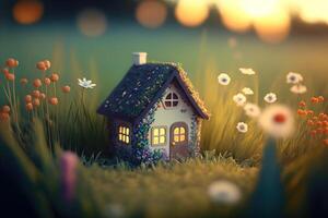 AI generated Tiny cute miniature house in a garden full of flowers. Close up with depth of field photo