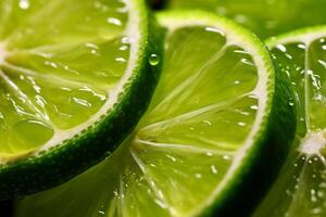 AI generated A macro shot of a sliced lime with green zest. Generative AI photo