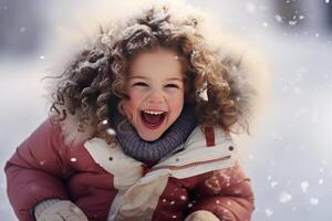 ai generado aventurero sonriente niño trineo nieve al aire libre naturaleza. generar ai foto