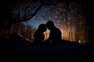 AI generated Mysterious Silhouette of couple in bed at night time relationship. Generate Ai photo