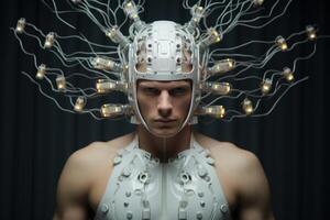 AI generated High-tech Man with brain electrodes futuristic helmet. Generate ai photo