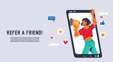 Refer a friend marketing promotion program concept of website banner with cartoon woman makes announcement shouting in megaphone, flat cartoon vector illustration. Referral program inviting.