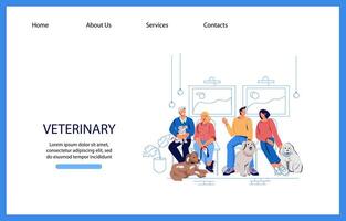 Veterinary clinic website banner template with people and pets cartoon characters, flat vector illustration. Vet doctor services advertising webpage mockup.