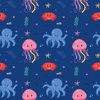 Cute seamless vector pattern with marine animals