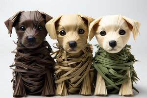 AI generated Artistic plastic Dogs Display, Trio of Handcrafted Paper Canines in Brown Shades photo