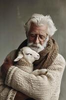 AI generated An elderly man with white hair and a beard tenderly holds a lamb in his arms, in a chunky knit sweater. care and comfort, suitable for themes of compassion or pastoral life. photo