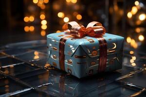 Beautiful Christmas gift and bokeh lights in background. Copy space photo