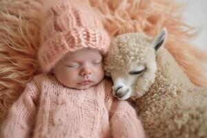 AI generated Newborn in a pink hat resting with a lama on a plush peach fuzz surface. Perfect for illustrating articles on gentle baby and animal bonding. photo