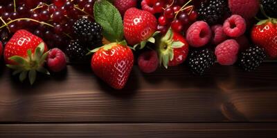 AI generated A banner with colorful fresh berries on brown background. Advertisement for market, farmer or vegan concept. Copy space photo