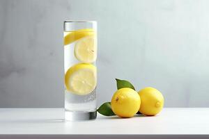 AI generated A glass of water and yellow lemon slices in the water and two lemons with green leaves on light background. Concept of Hydration and Wellness. Copy space photo