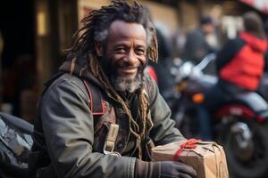 AI generated Smiling homeless people receive charity donations. Generative AI photo
