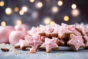 AI generated Christmas homemade pink gingerbread cookies on table and candles on bokeh background. Copy space photo