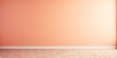 AI generated A banner with a gradient peach fuzz color room wall and a beige wood floor. Copy space. Background for text. photo